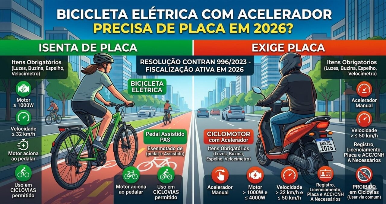 Bicicleta elétrica com acelerador precisa de placa em 2026